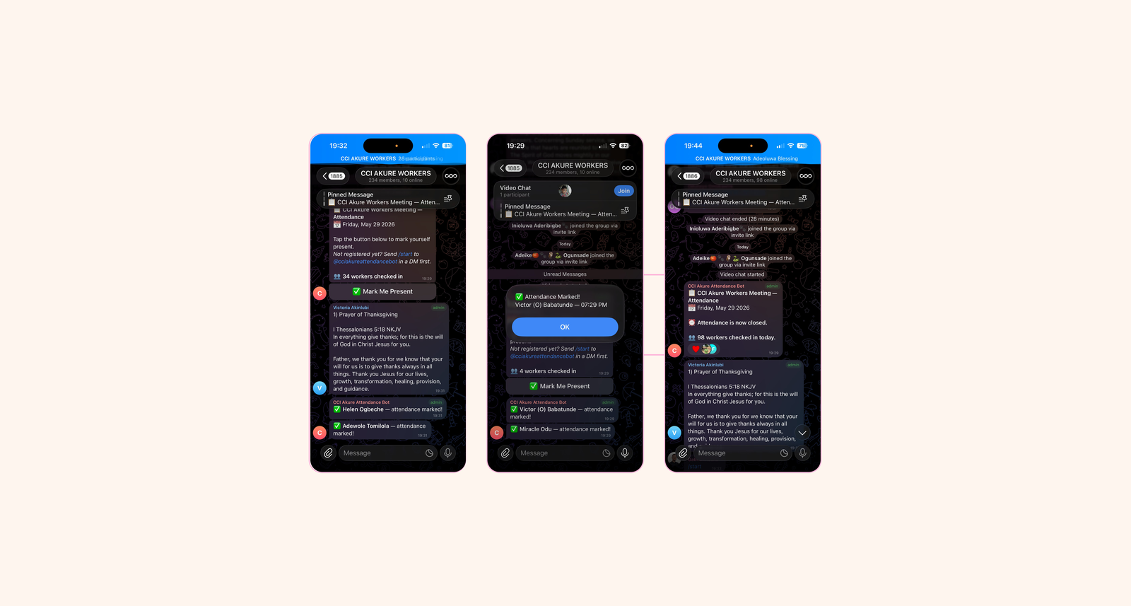 Telegram bot attendance flow on three phone screens
