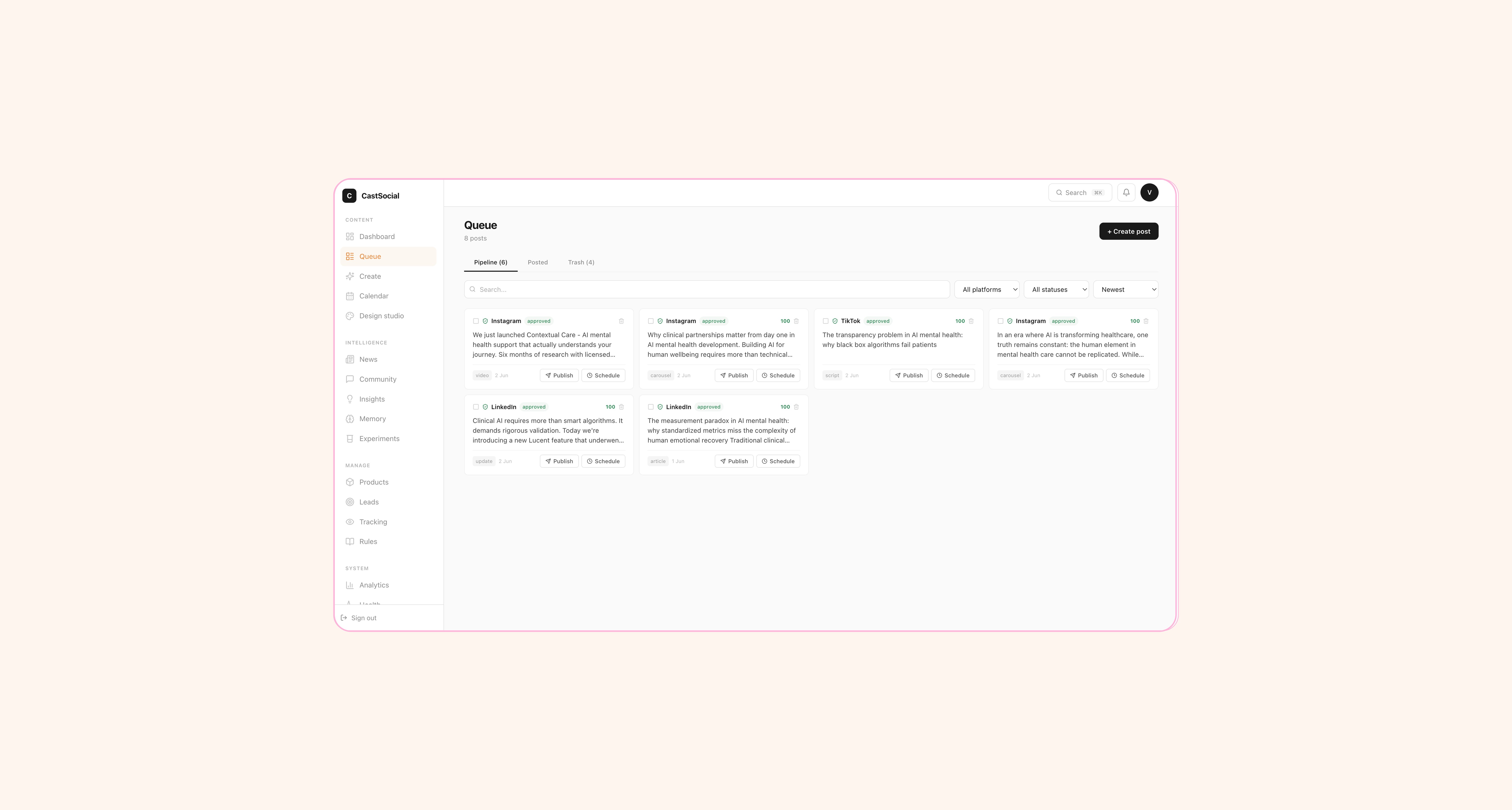 Content queue with quality scores and platform labels