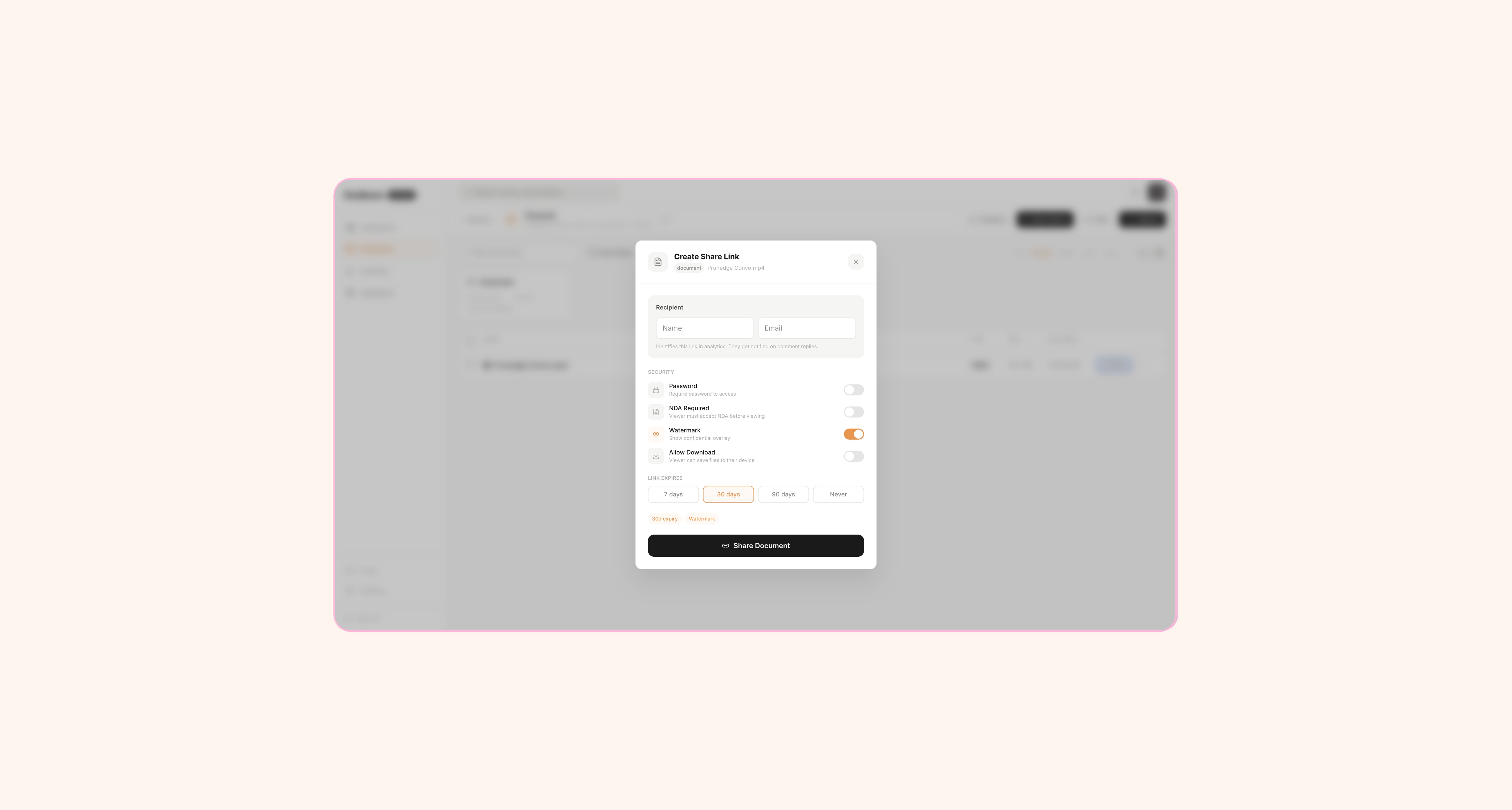 Create Share Link modal with security settings