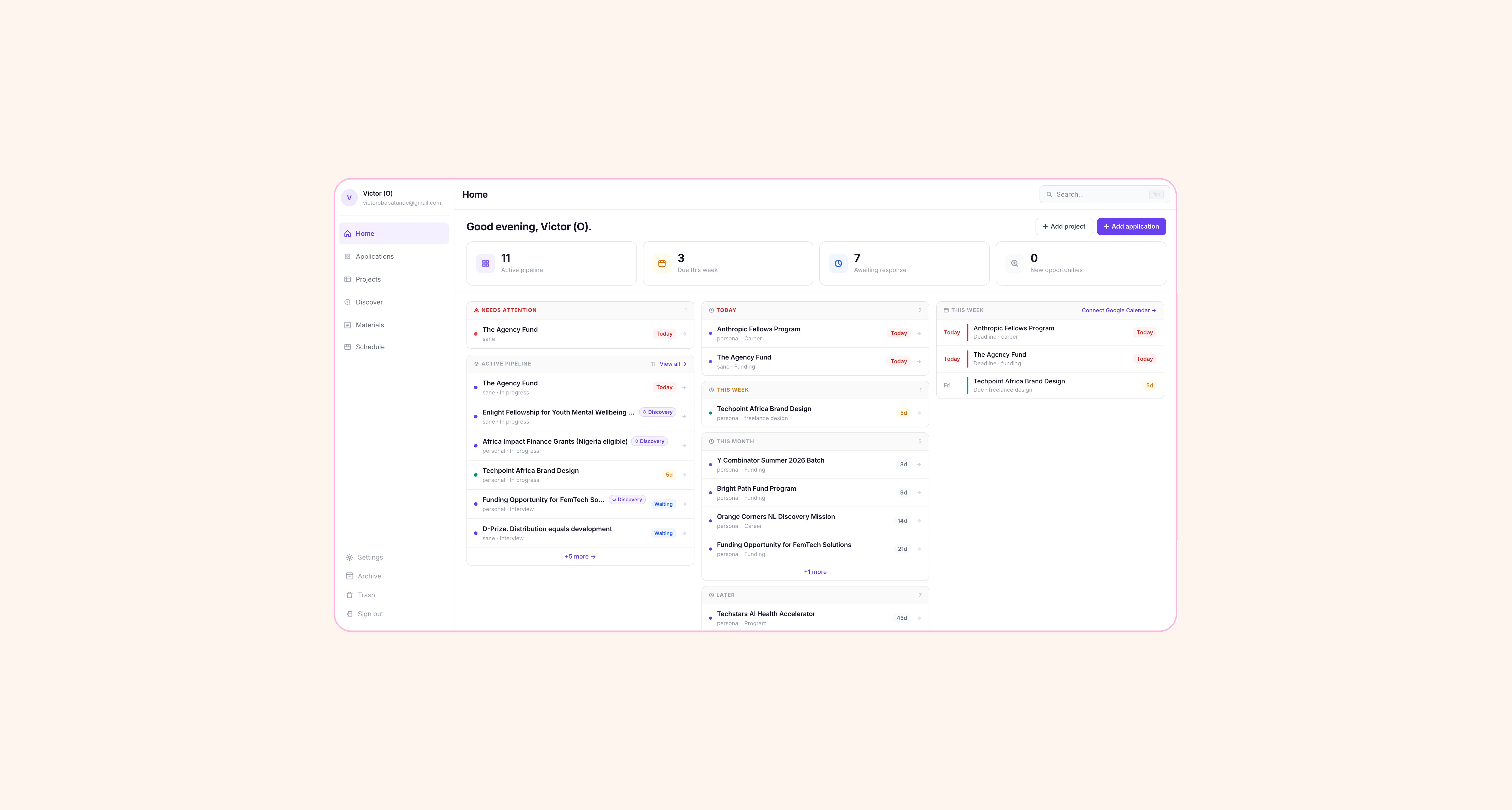 Dash home page with active pipeline and deadlines