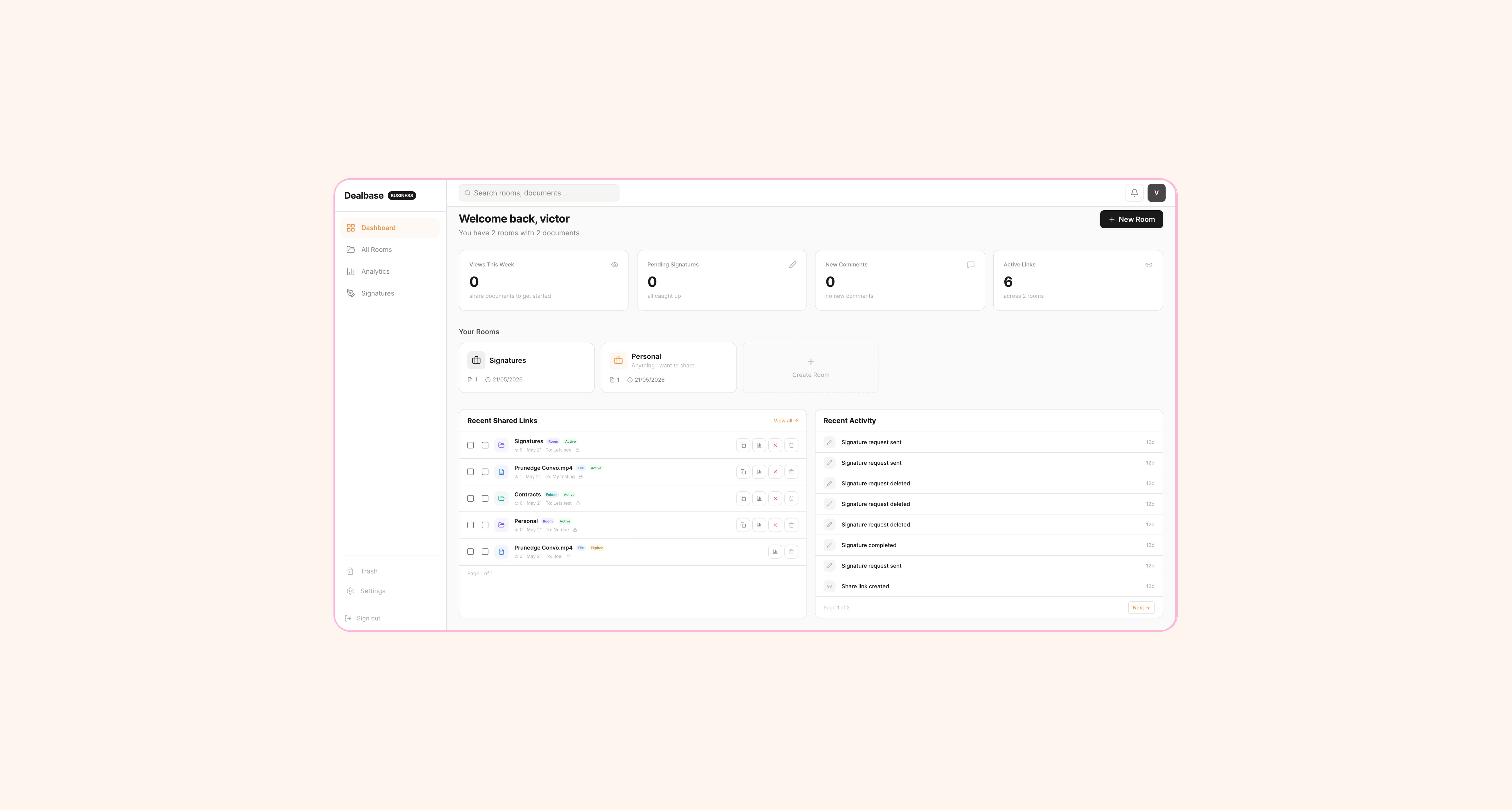 Dealbase dashboard with KPI cards and activity feed