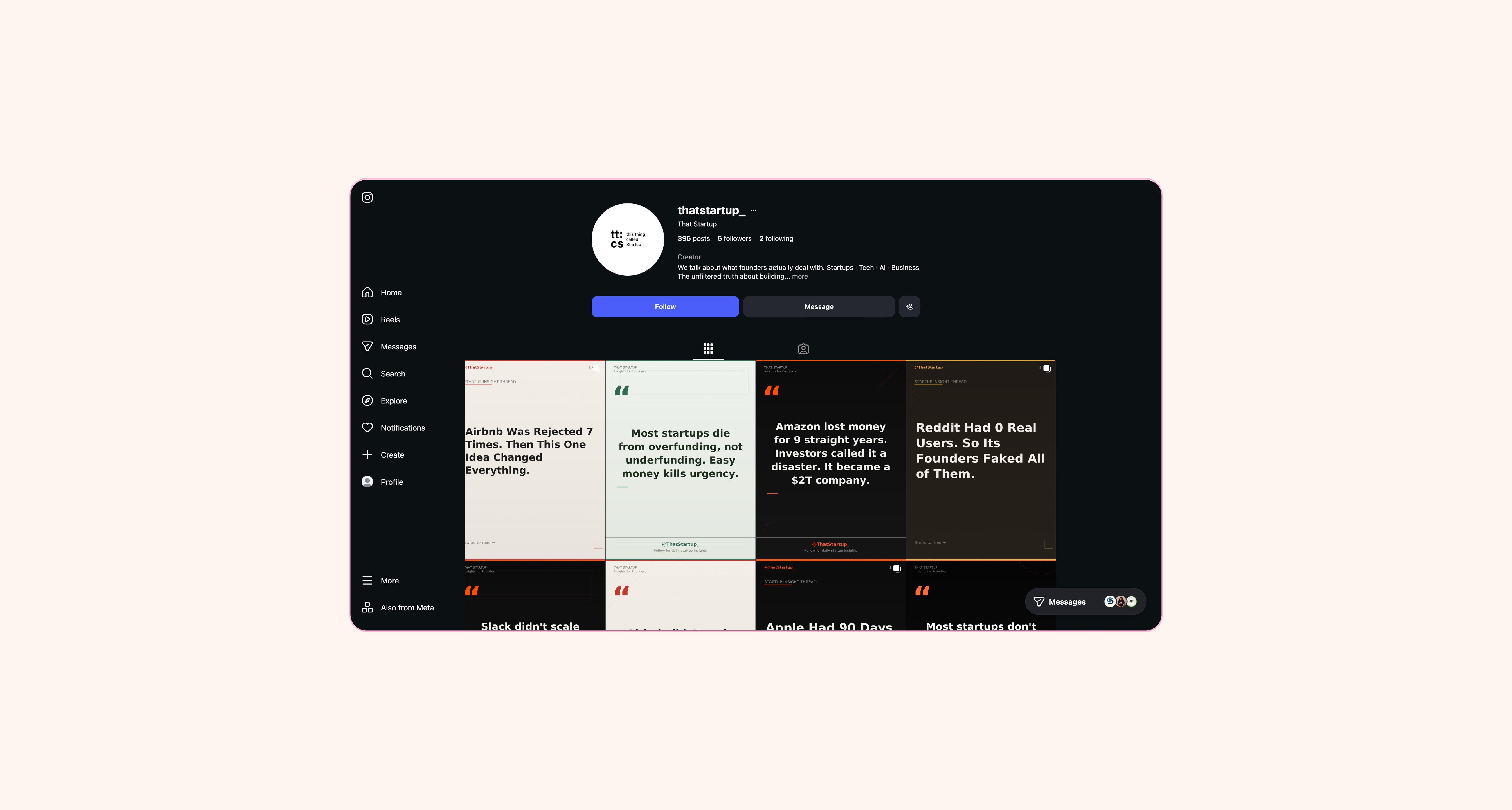 ThatStartup Instagram grid with content cards